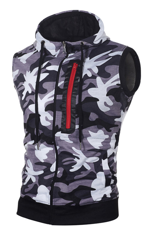Men's Camo Round Hem Slim Fit Sleeveless Hooded Vest