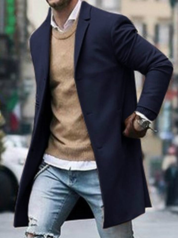 Men's Lapel Mid Length Woolen Coat Slim Fit Single Breasted Trench Coat