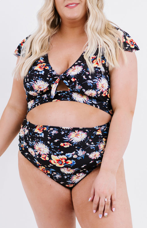 Women's Plus Size Flutter Cap Sleeve Floral High Waist Bikini