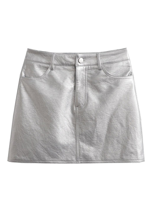 Women's High Waist Silver Short Leather Skirt Skirt