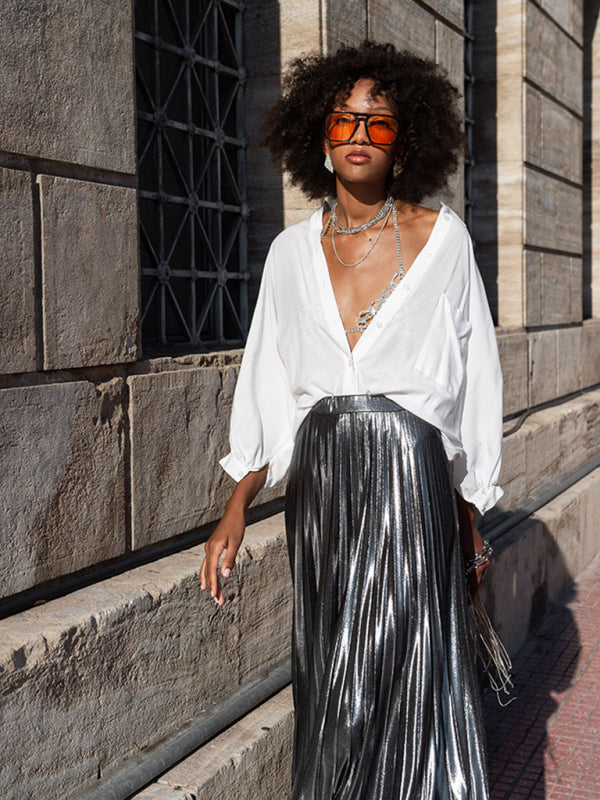Metallic pleated high deals waist skirt