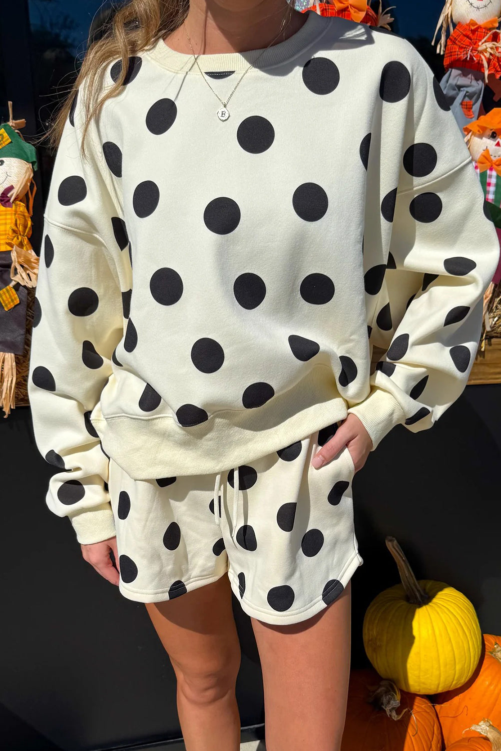 Polka Dot Print Drop Shoulder Pullover & Drawstring Shorts Set