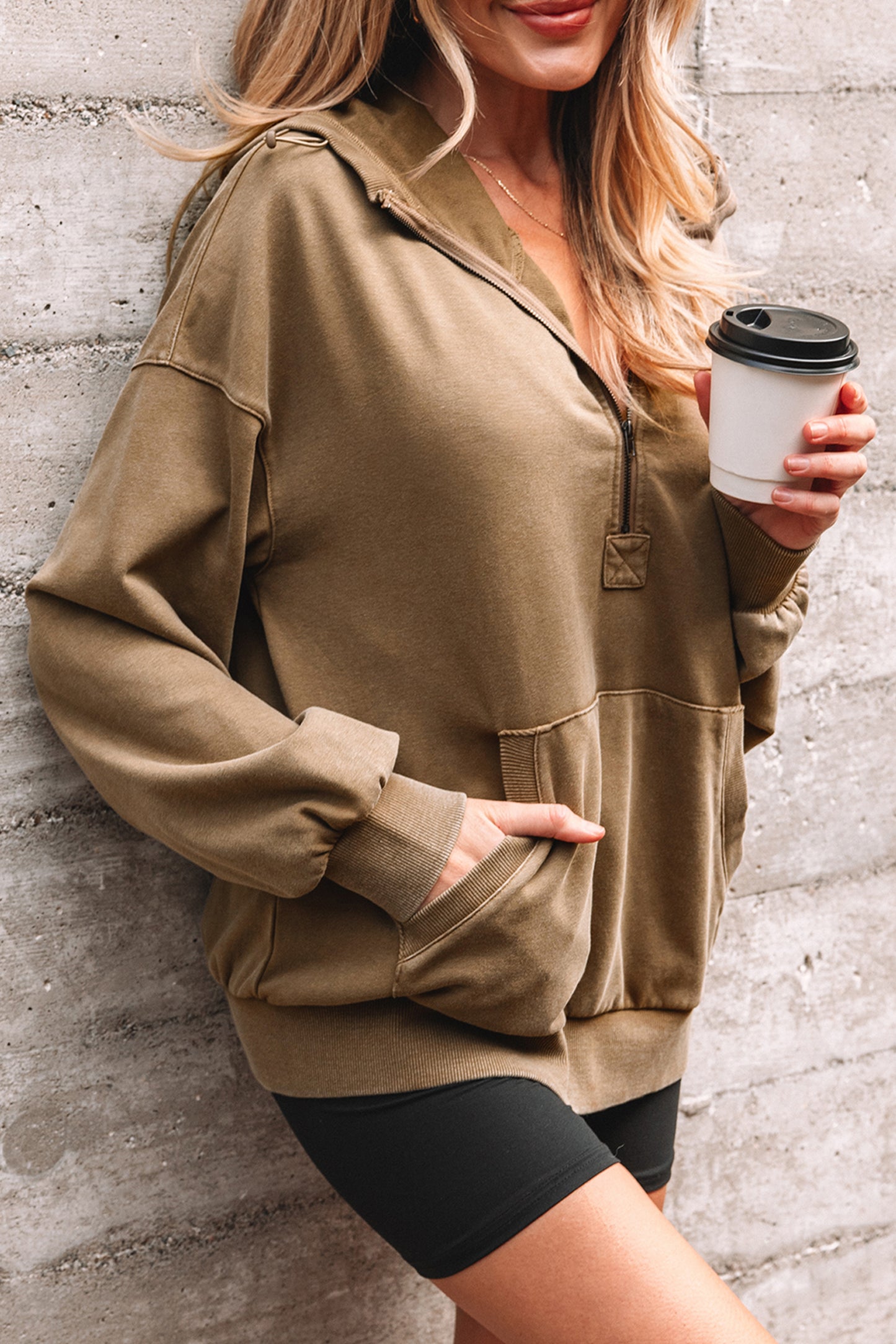 Half Zip Kangaroo Pocket Mineral Wash Baggy Hoodie