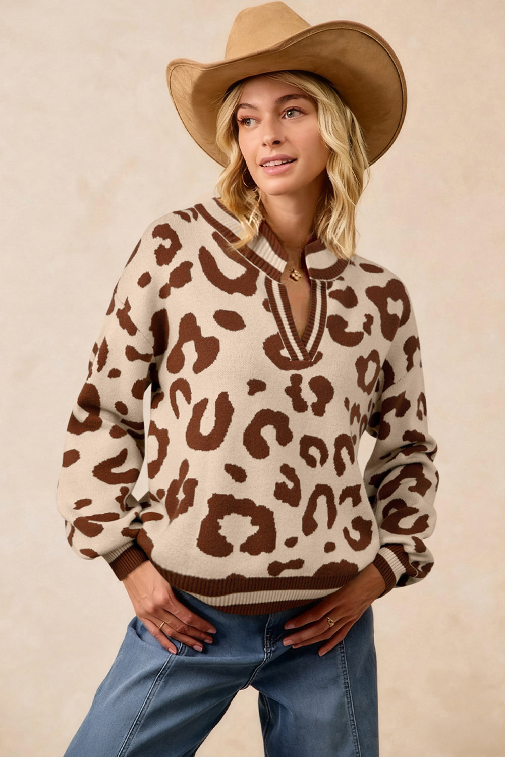 Leopard Printed Knit V Neck Sweater