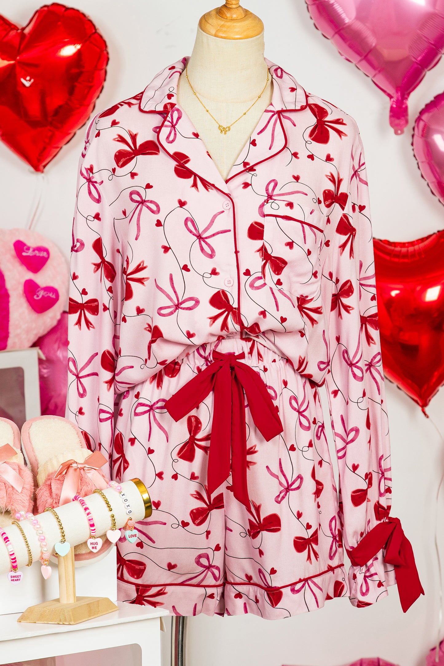 Bow Print Valentine Long Sleeve Shirt & Shorts Pajama Set