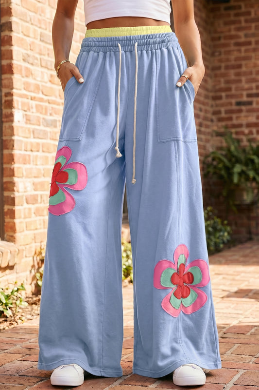 Floral Patchwork Drawstring Elastic Waist Wide Leg Trousers