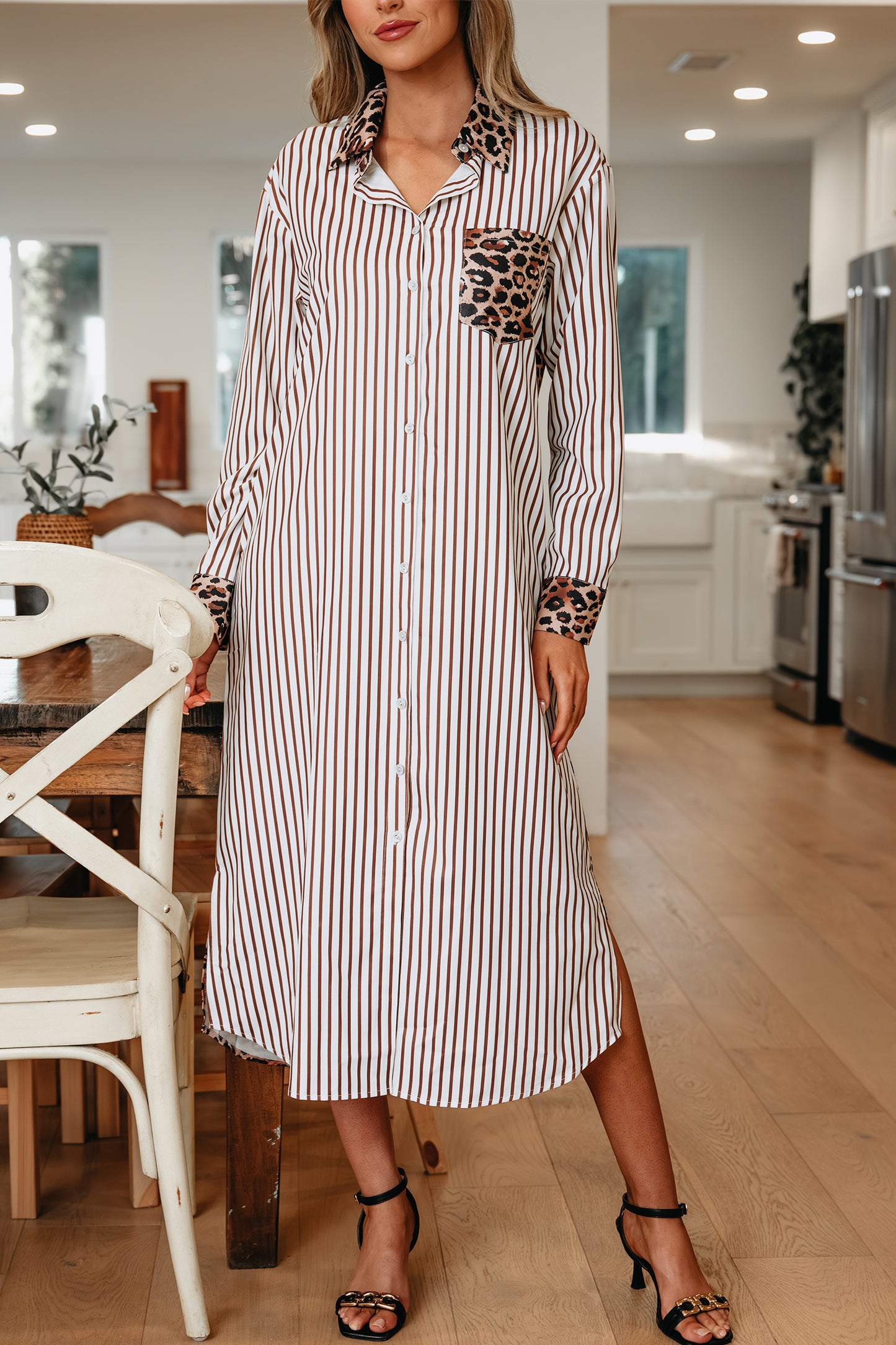 Stripe Contrast Leopard Patchwork Long Shirt Dress with Slits