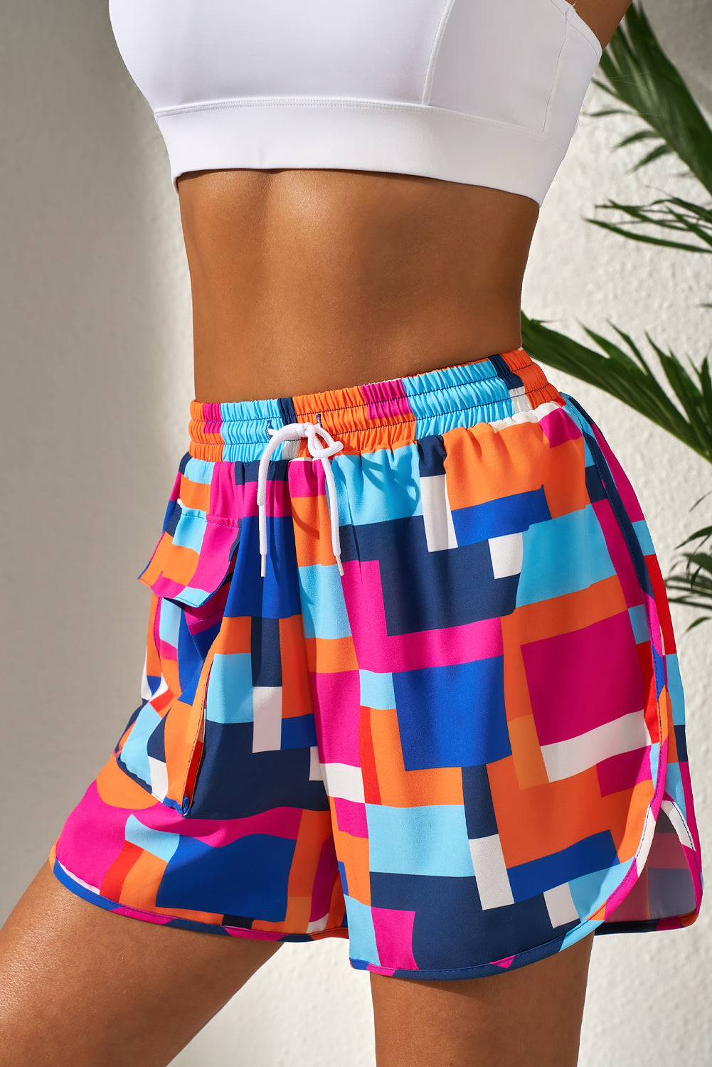 Geometric Printed Drawstring Beach Shorts with Pockets - Rose