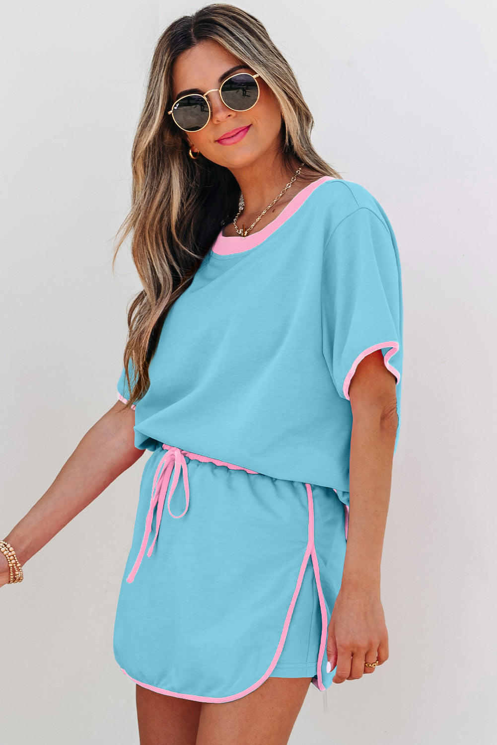 Turquoise Colourblock Edge Drop Shoulder T-Shirt and Skort 2-Piece Set