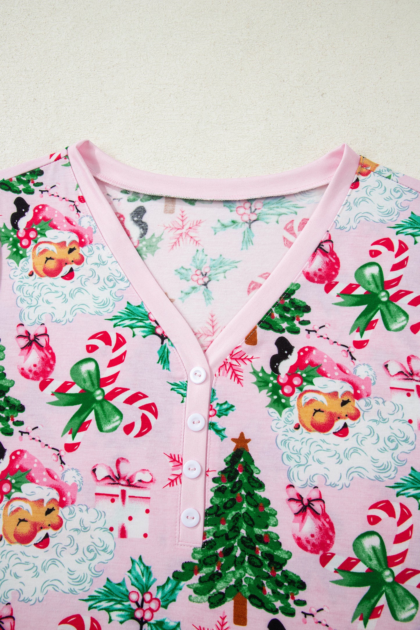 Pink Christmas Pattern Button V Neck Pullover and Drawstring Pants Lounge Set