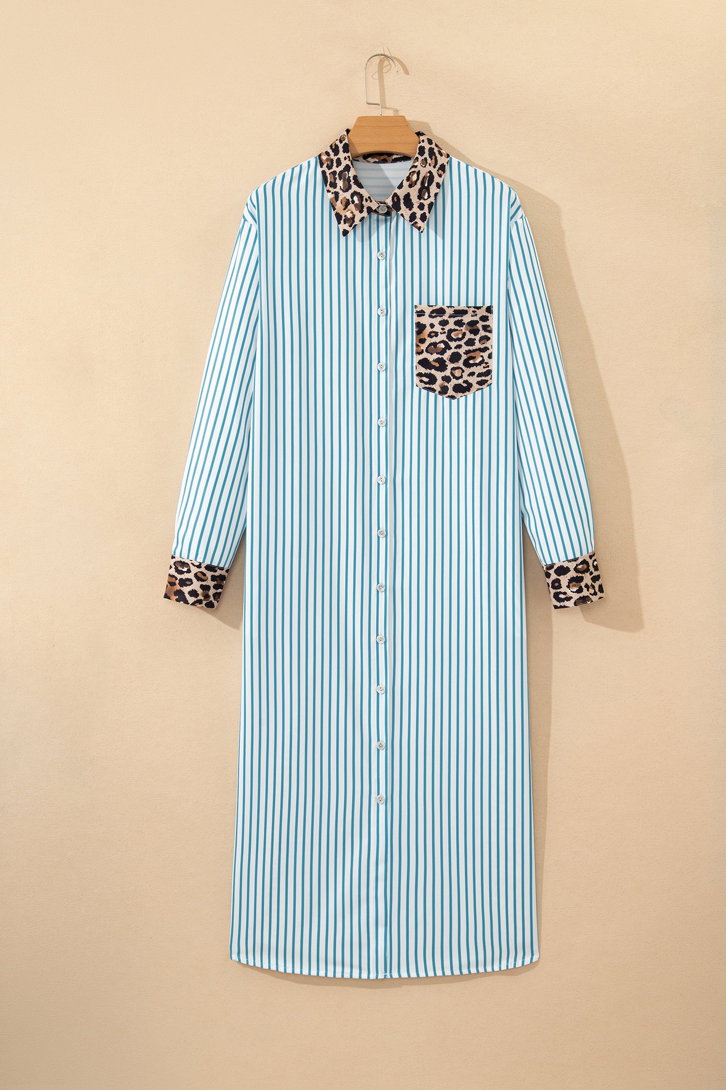 Stripe Contrast Leopard Patchwork Long Shirt Dress with Slits