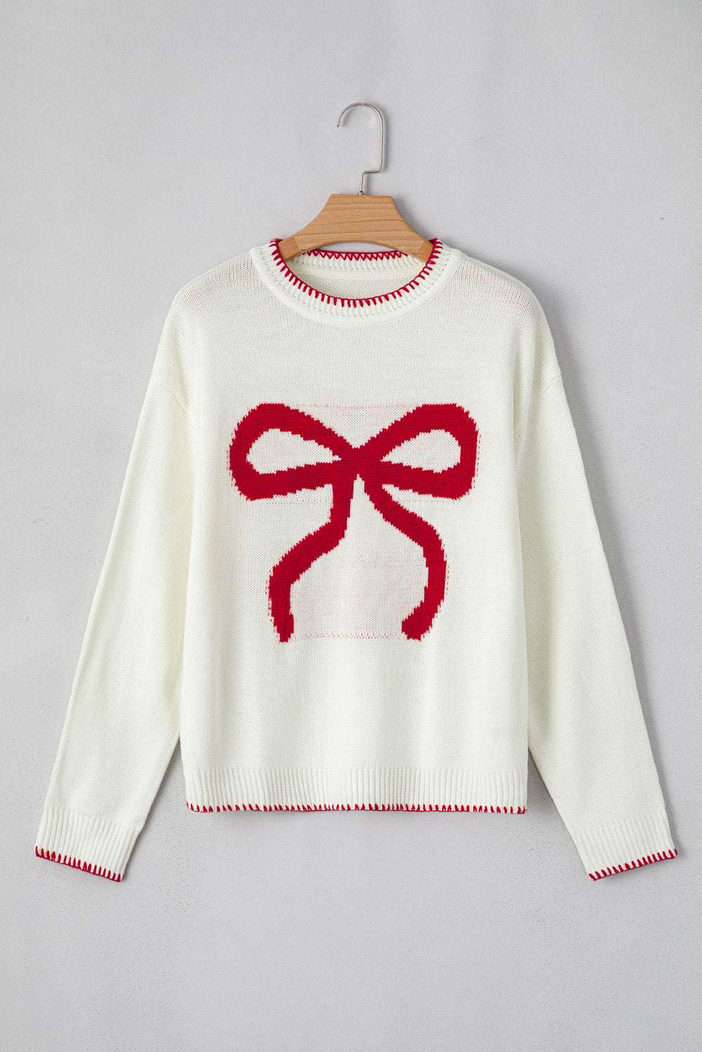 Bow Pattern Contrast Trim Christmas Loose Graphic Sweater