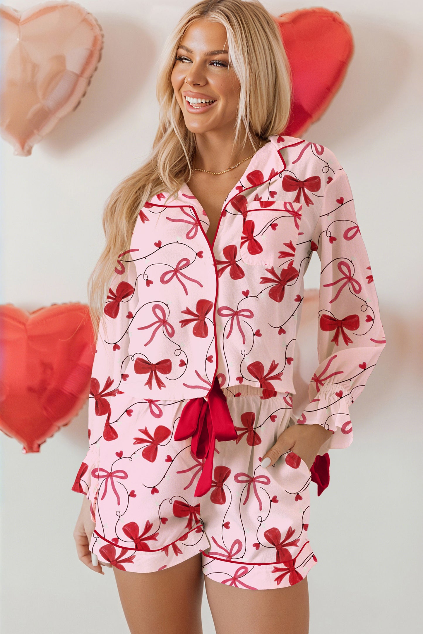 Bow Print Valentine Long Sleeve Shirt & Shorts Pajama Set