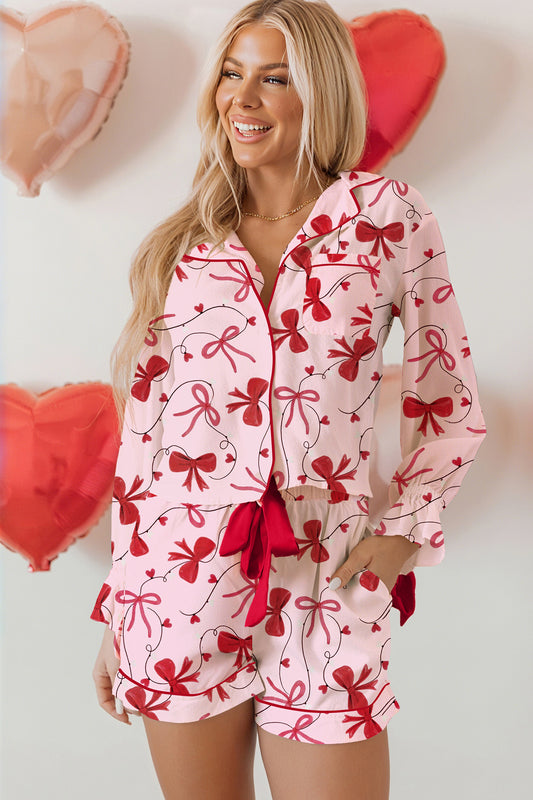 Bow Print Valentine Long Sleeve Shirt & Shorts Pajama Set