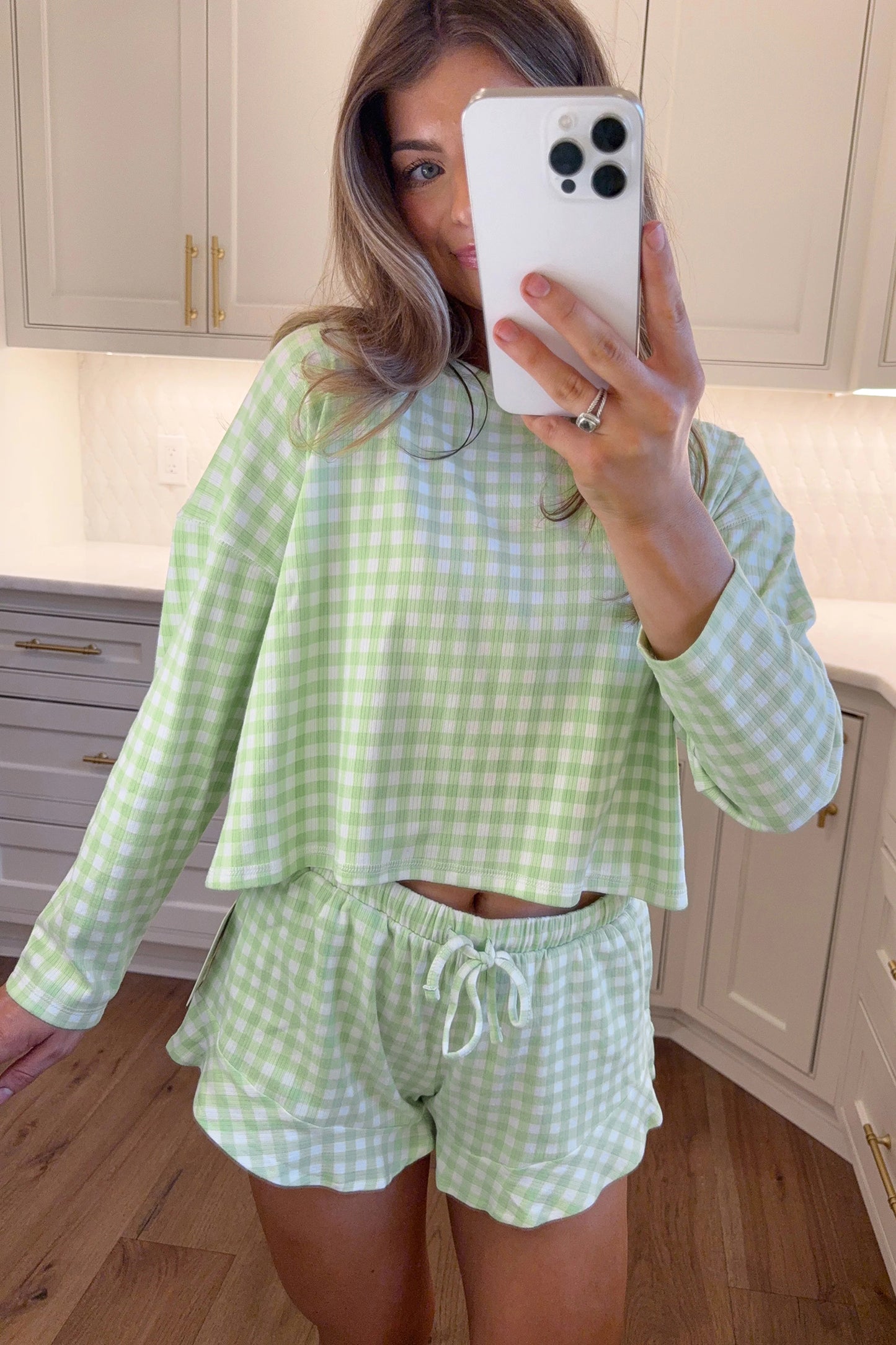 Gingham Long Sleeve Loose Top & Drawstring Shorts Lounge Set
