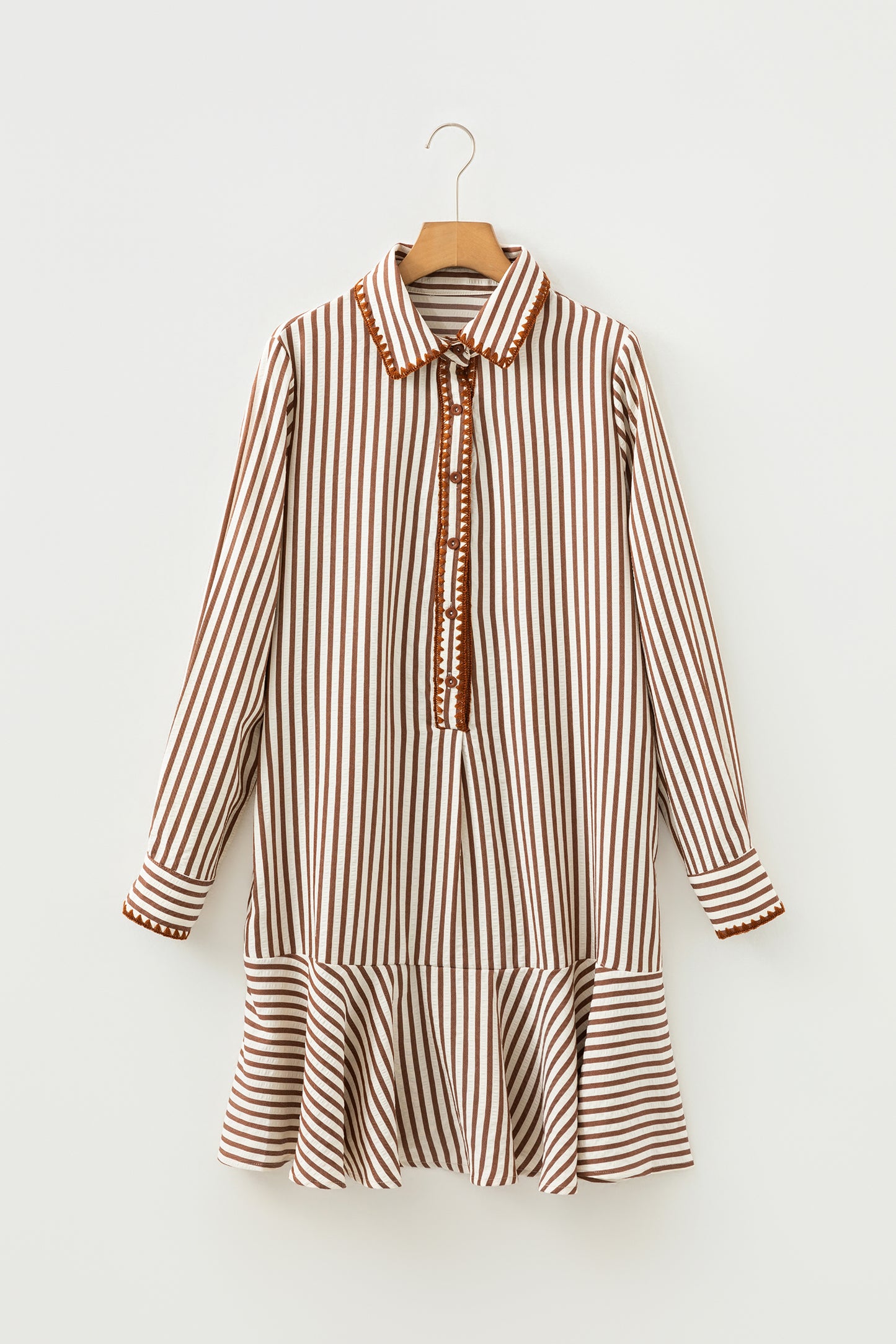 Stripe Shirt Collar Embroidered Trim Ruffle Hem Mini Dress