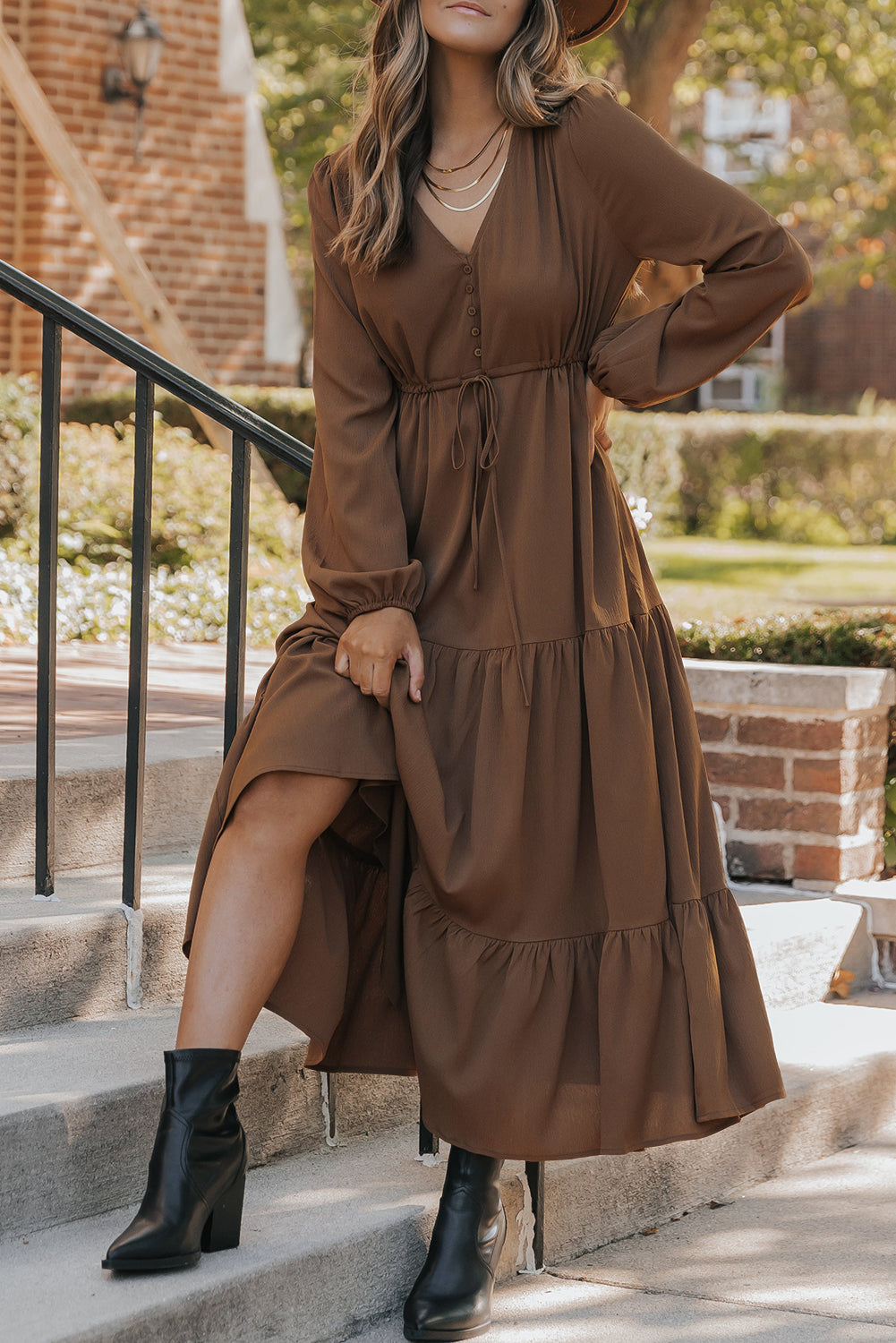 Solid Long Sleeve Button V Neck Tiered Maxi Dress