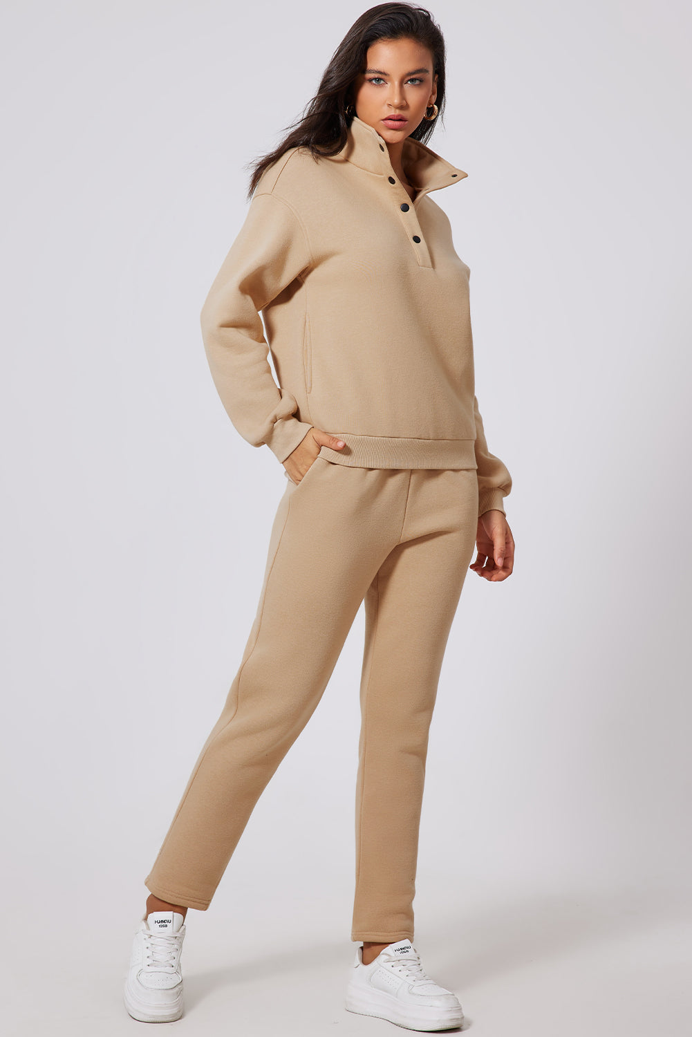 Solid Half Button Sweatshirt and High Waist Sweatpants Set