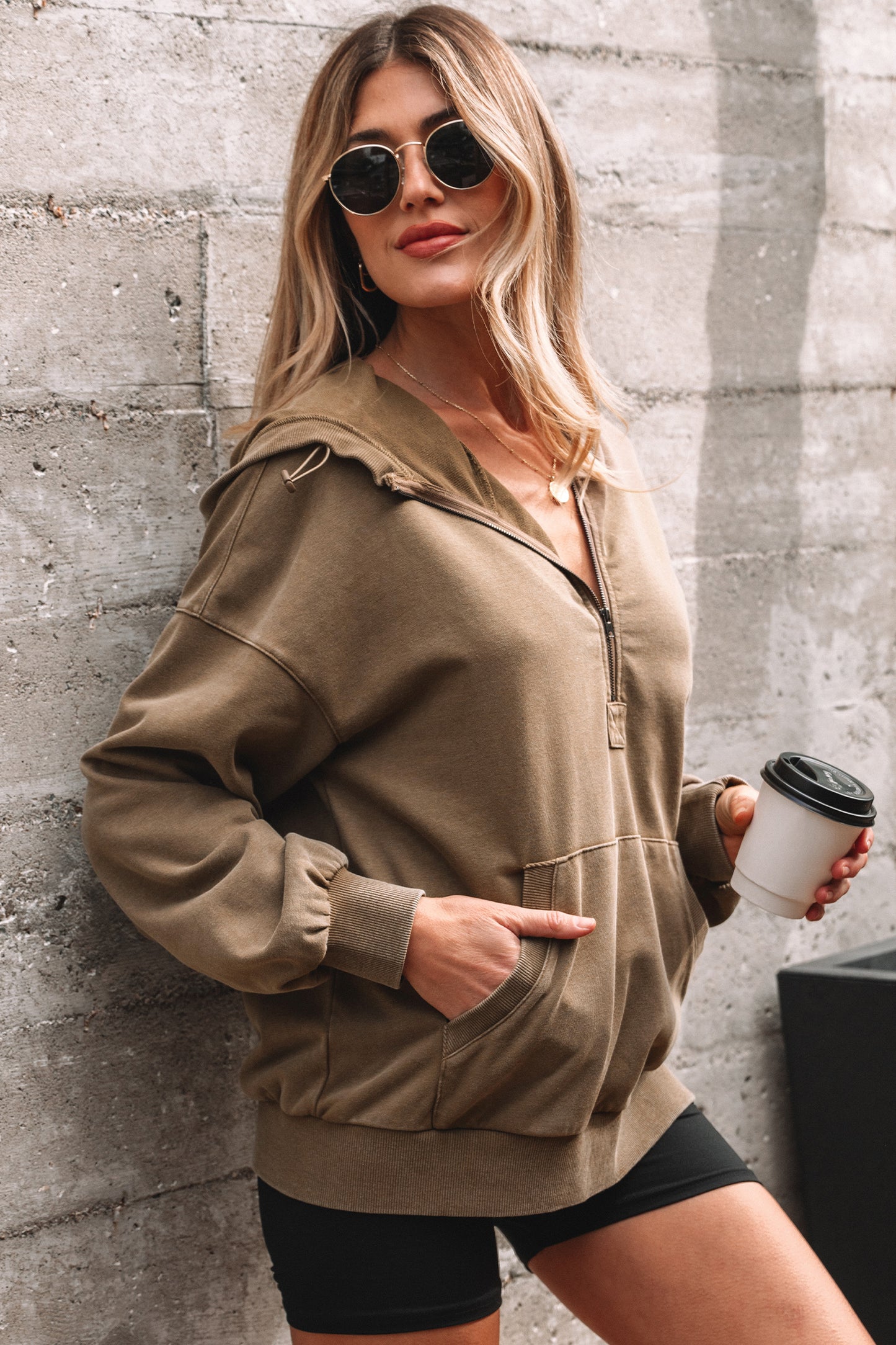 Half Zip Kangaroo Pocket Mineral Wash Baggy Hoodie