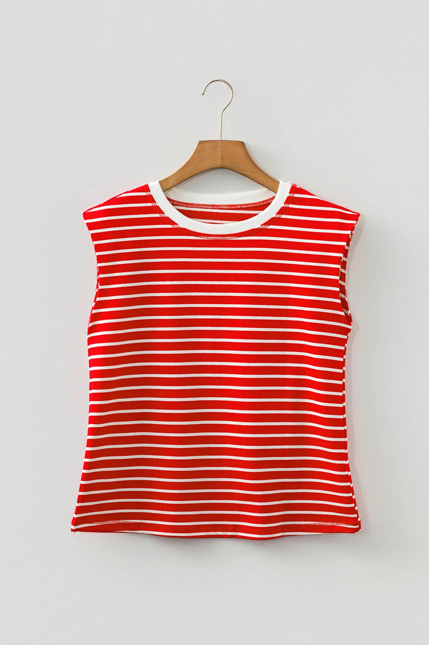 Stripe Ribbed Round Neck Trim Loose Tank Top - Red