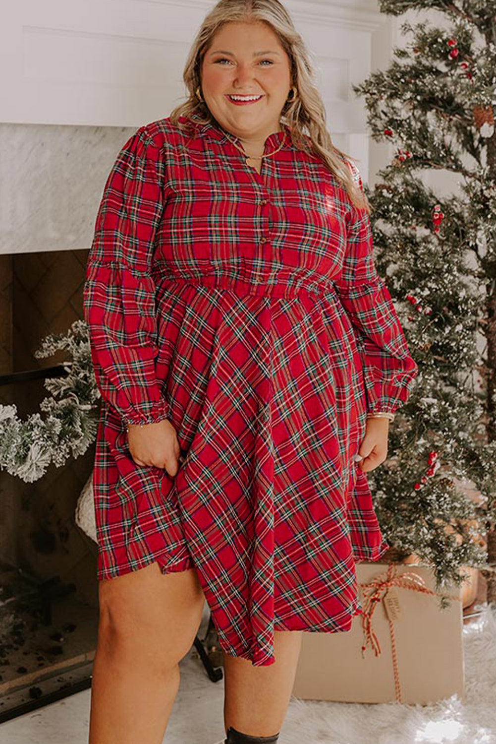 Red Plaid Half Button Long Sleeve Holiday Dress - Plus Size