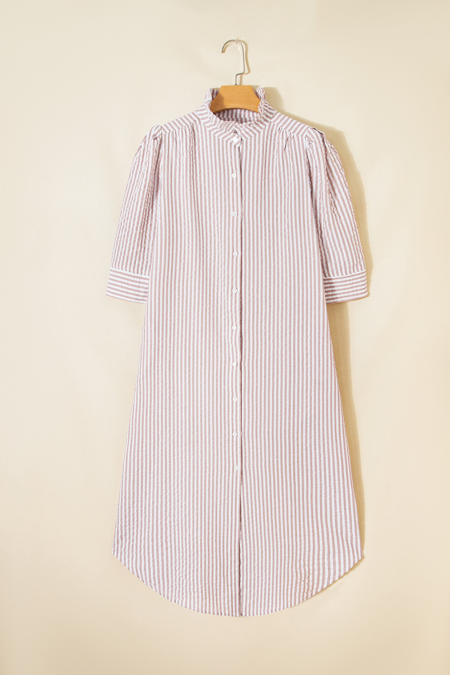 Stripe Frilled Collar Half Sleeve Shirt Maxi Dress