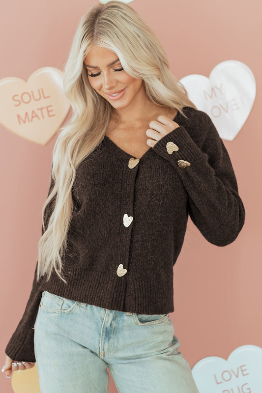 Heart Metal Button V-Neck Cardigan Sweater