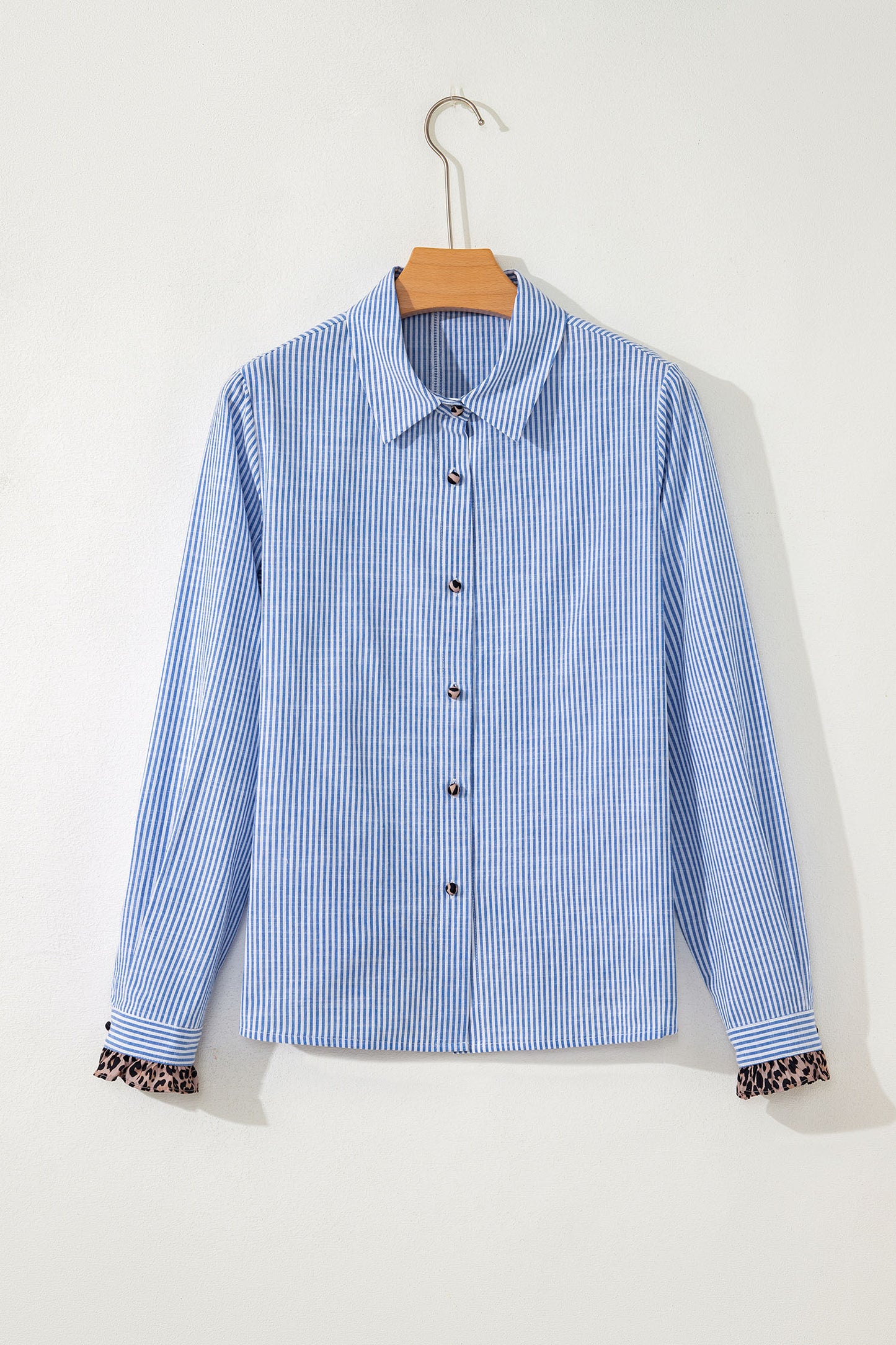 Sky Blue Stripe Contrast Frilled Leopard Trim Casual Long Sleeve Shirt
