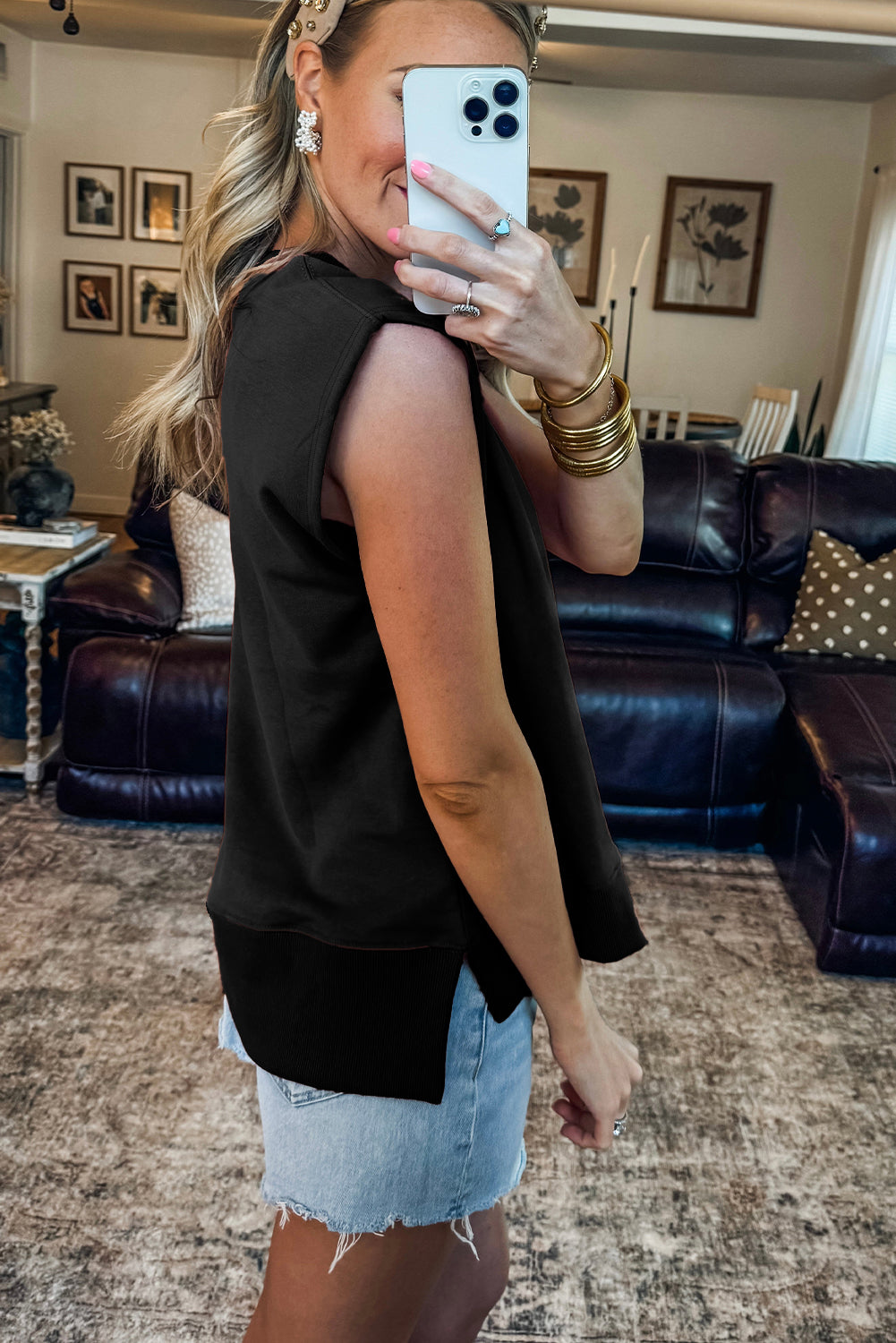 Solid Color Ribbed Trim Round Neck Cap Sleeve Casual Sweatshirt