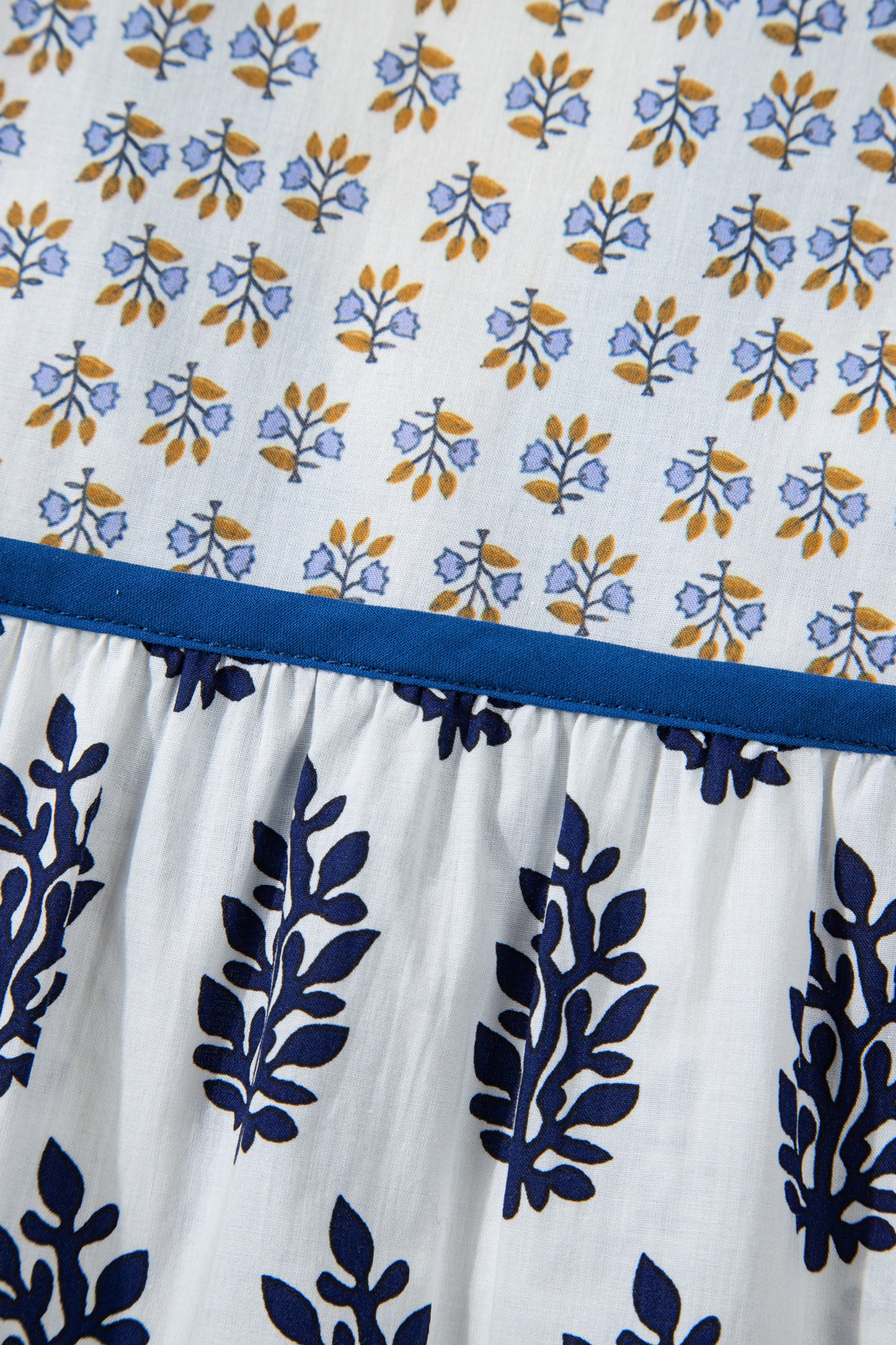 Boho Floral Print Contrast Trim Split Neck Puff Sleeve Patchwork Blouse