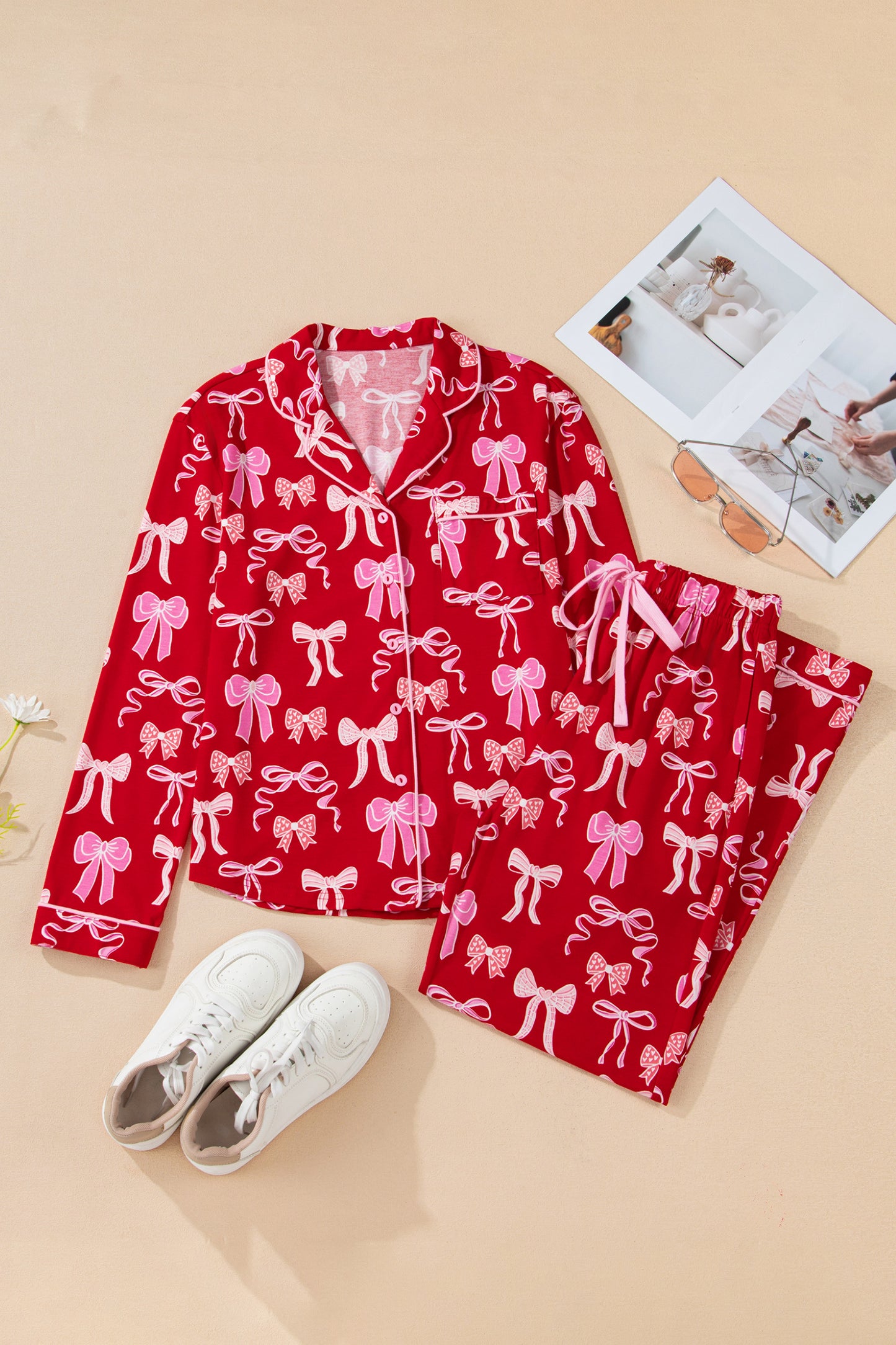 Sweet Bow Print Shirt Style Top & Long Pants Pajama Set