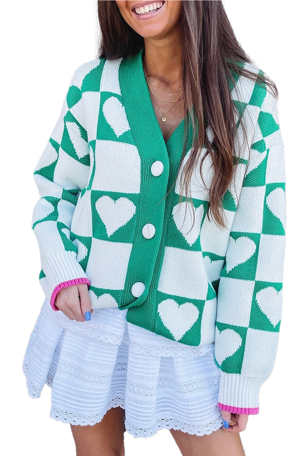 Plaid Heart Knit V Neck Button Down Sweater Cardigan