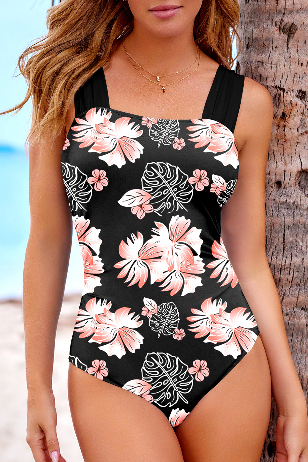 Floral Print Square Neck Ruched Tummy Control One Piece Swimsuit - Black