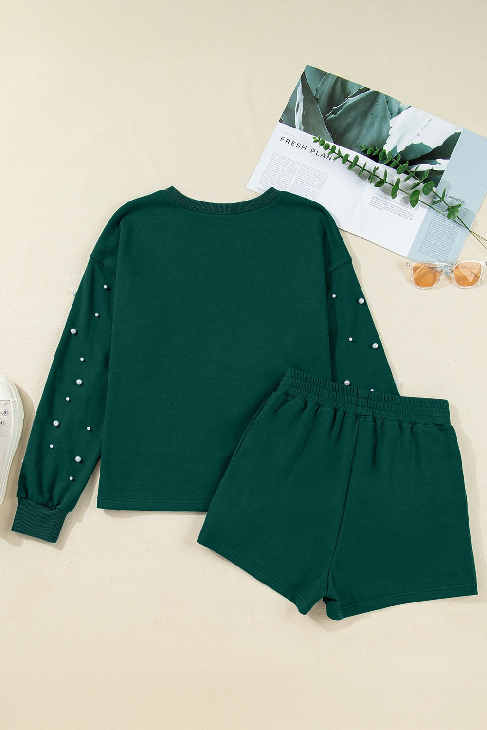 Pearl Embellished Drop Shoulder Pullover & Elastic Waist Mini Skirt Set