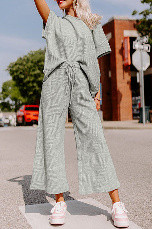 Gray Textured Loose Fit T-Shirt and Drawstring Pants Set
