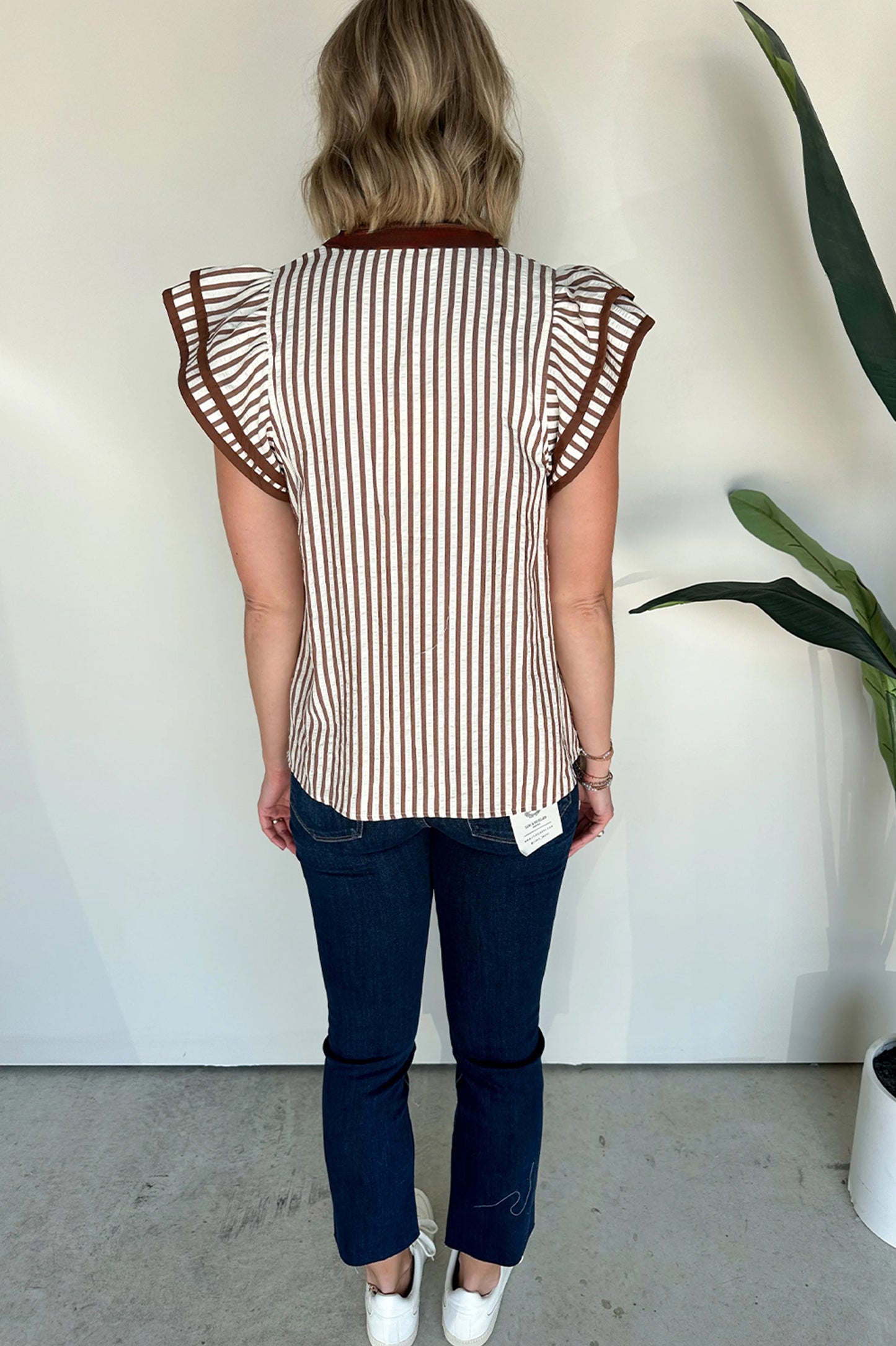 Stripe Double Ruffled Short Sleeve V Neck Blouse