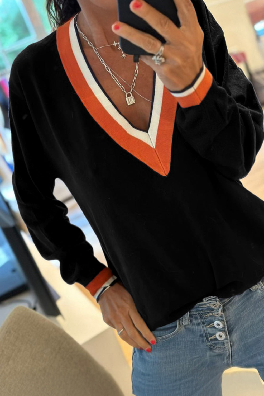 Dark Khaki Contrast Striped Trim V-Neck Varsity Sweater