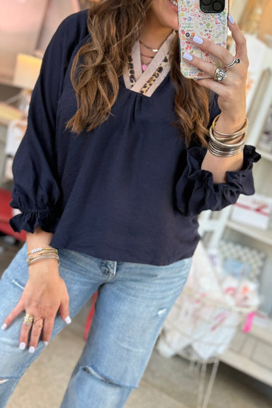 Contrast Leopard Patchwork Collar Plus Size Long Flounce Sleeve Blouse