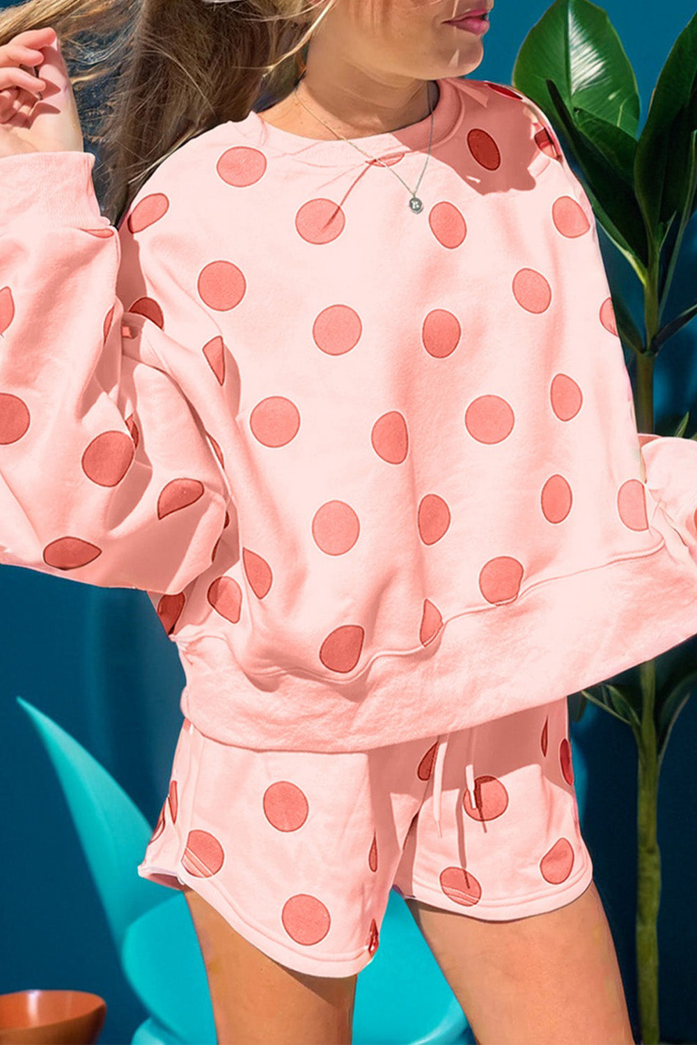 Polka Dot Print Drop Shoulder Pullover & Drawstring Shorts Set
