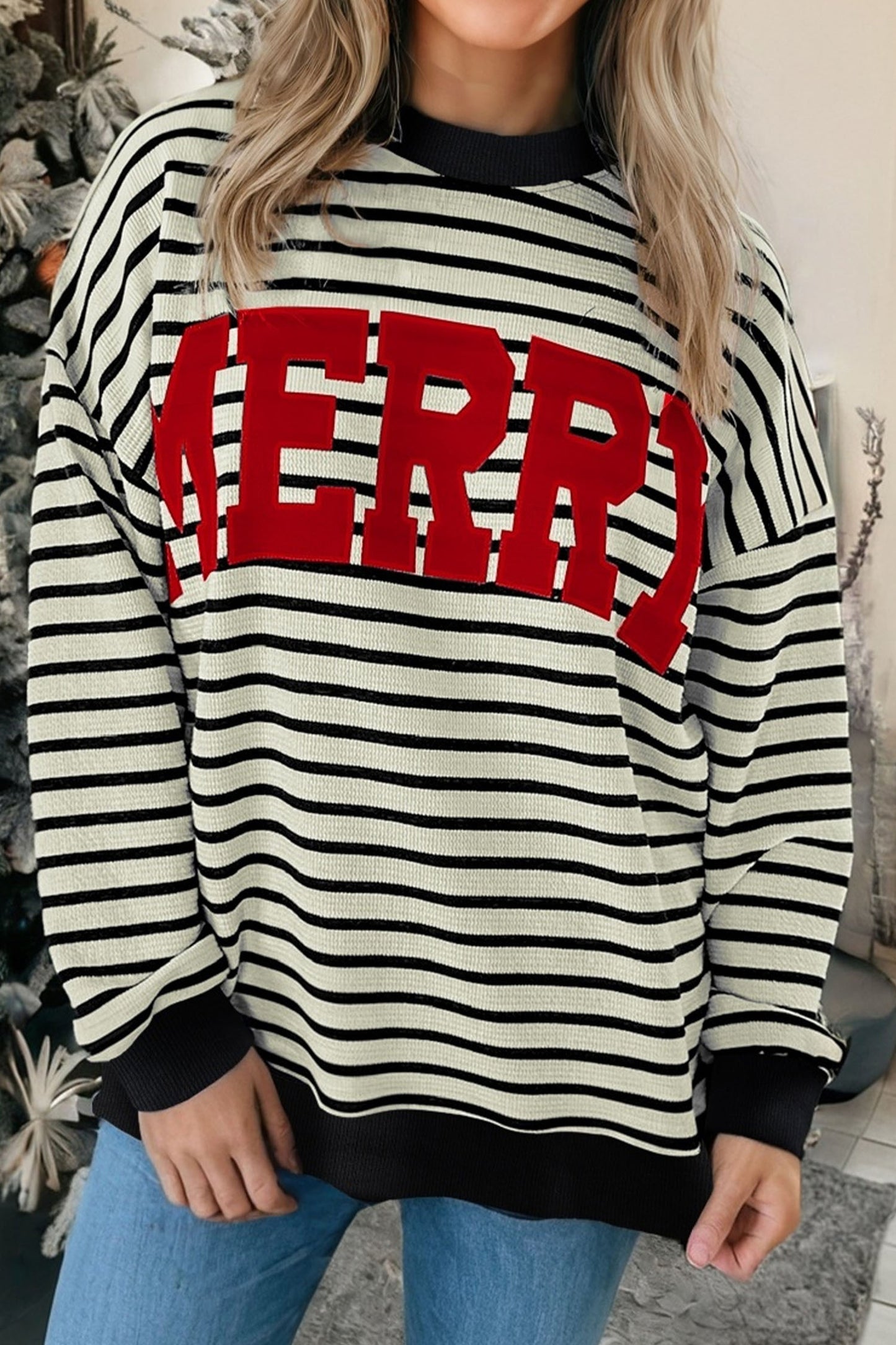 White Stripe Contrast Merry Letter Christmas Print Drop Shoulder Sweatshirt