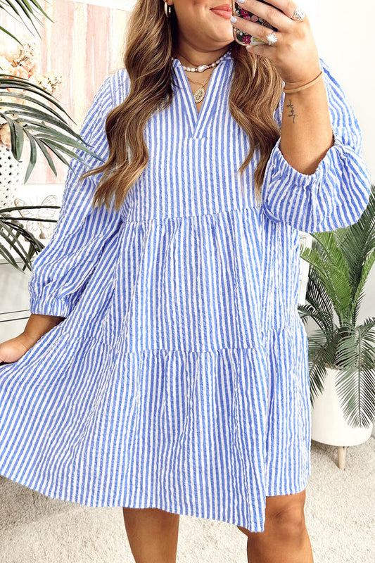 Stripe Seersucker Textured Notched Neck Long Puff Sleeve Tiered Dress