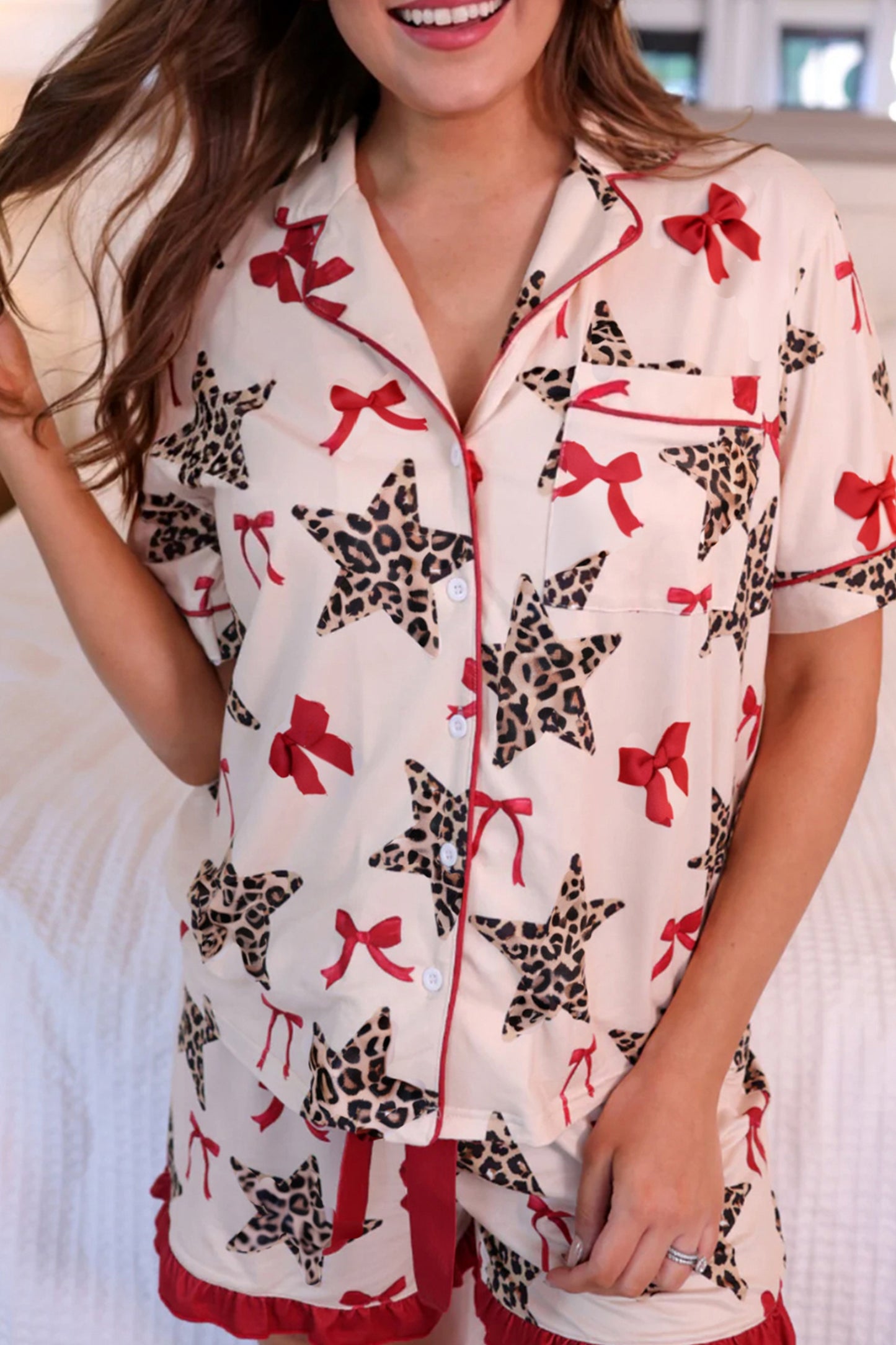 Leopard Star Ribbon Bow Print Short Pajama Set