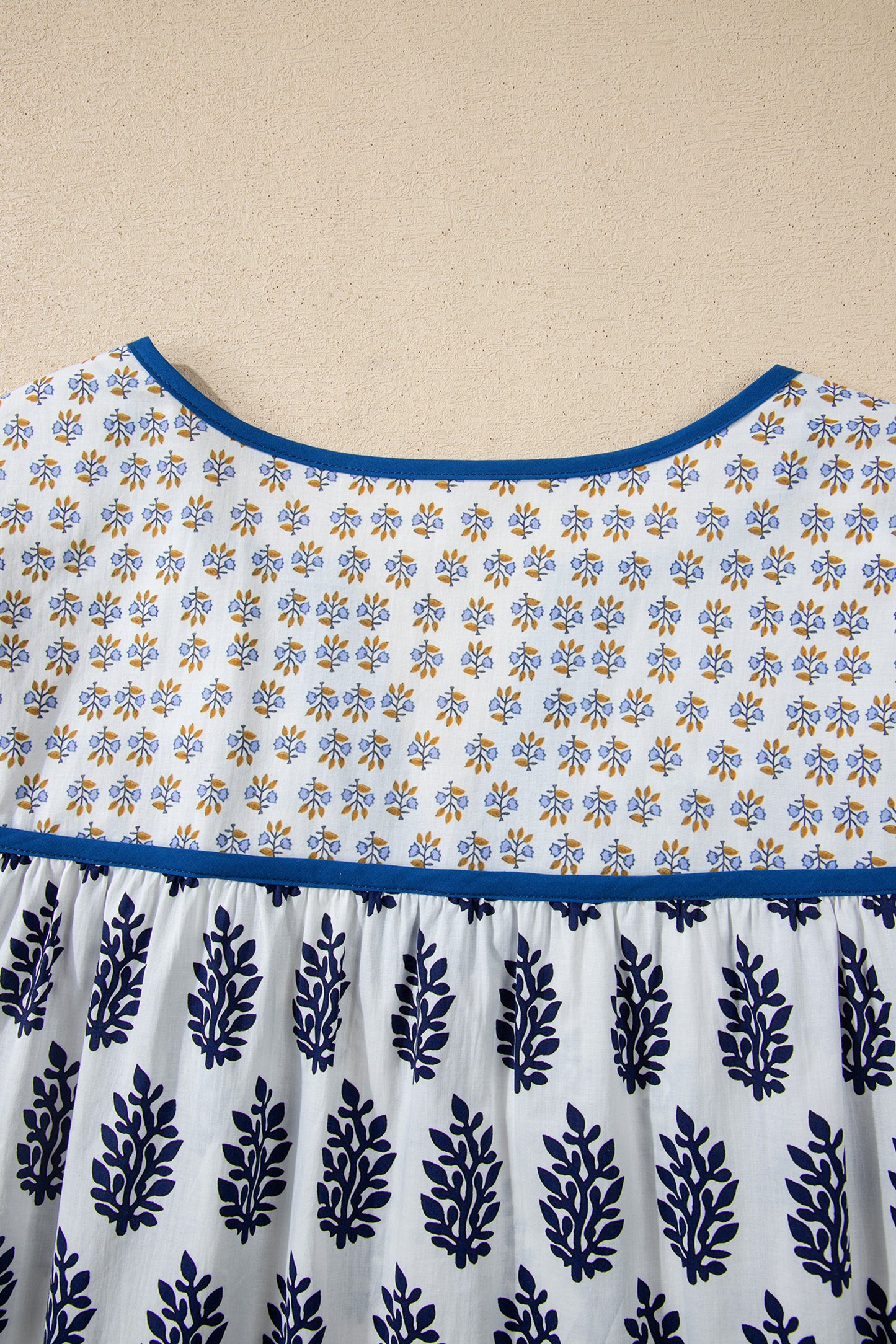 Boho Floral Print Contrast Trim Split Neck Puff Sleeve Patchwork Blouse