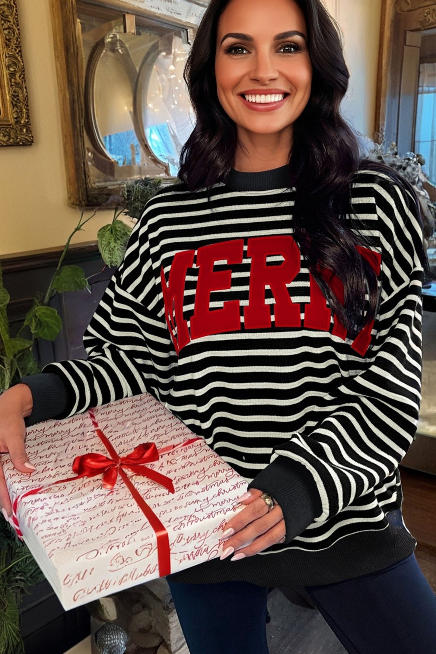 White Stripe Contrast Merry Letter Christmas Print Drop Shoulder Sweatshirt