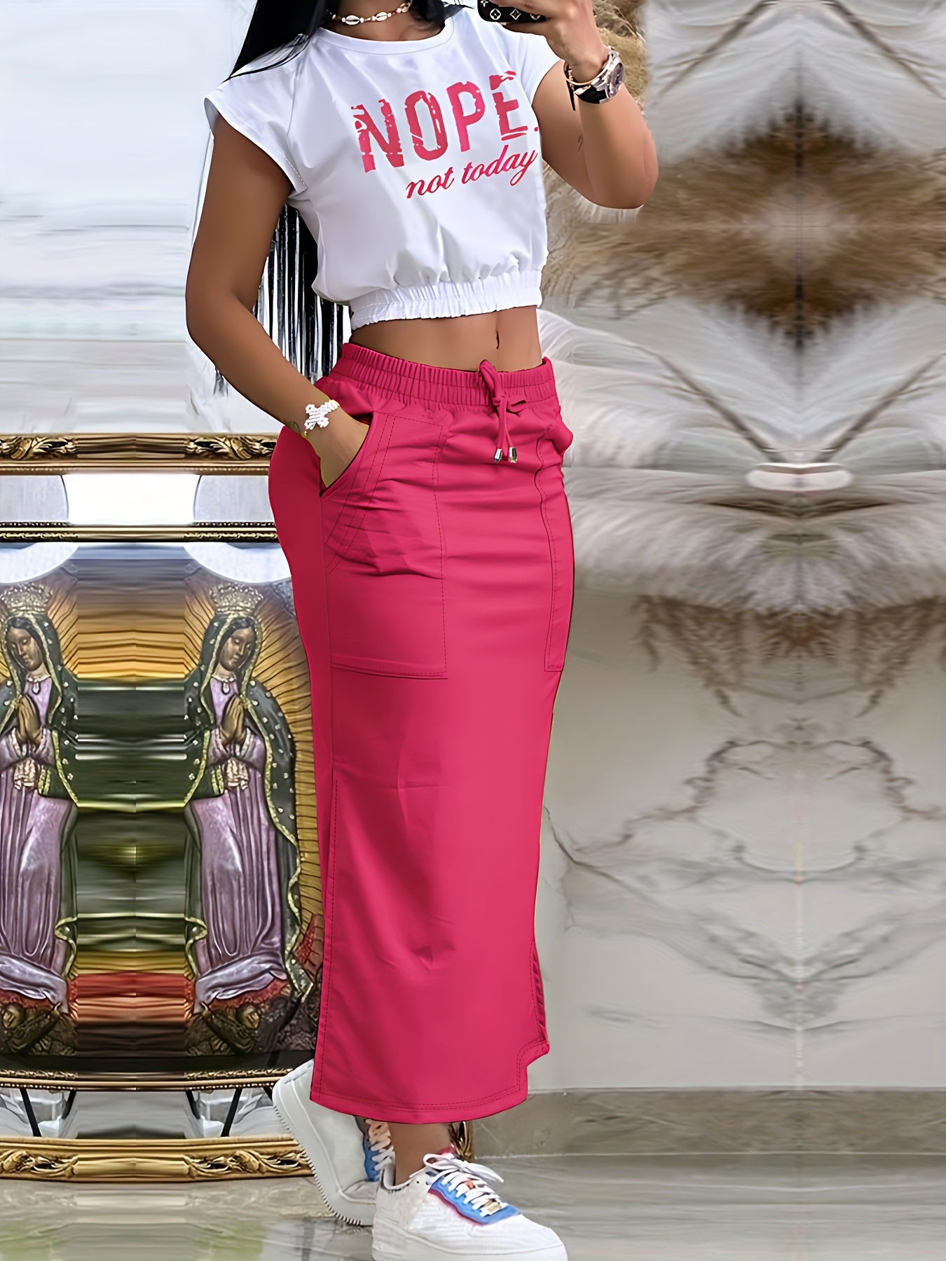 Women's Casual Slim Two-piece Skirt Set, "NOPE not today" Letter Print Short Sleeve Top & Drawstring Split Thigh Pockets Skirt Outfit