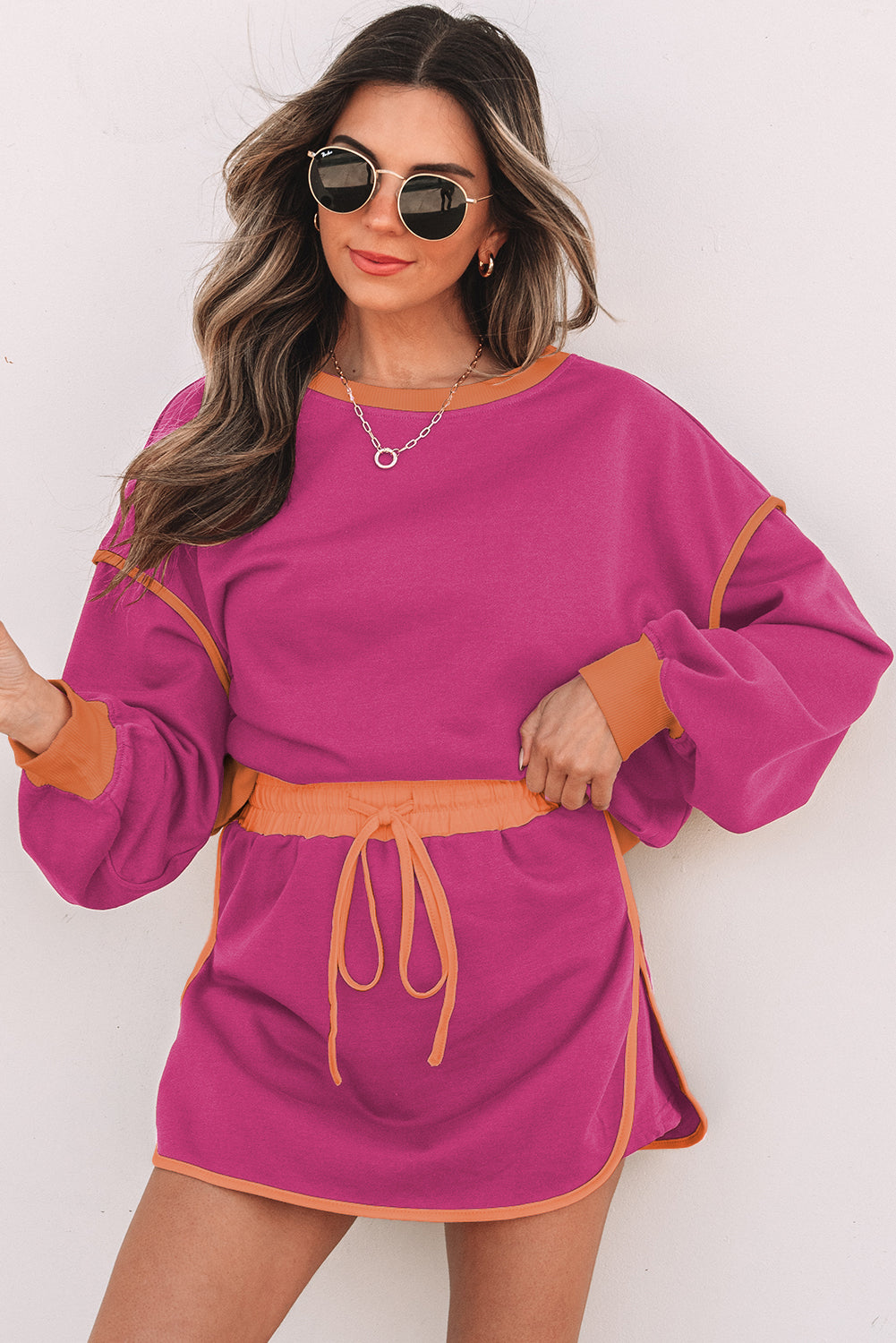 Black Colour Contrast Loose Pullover and Lace-Up Waist Skort Set