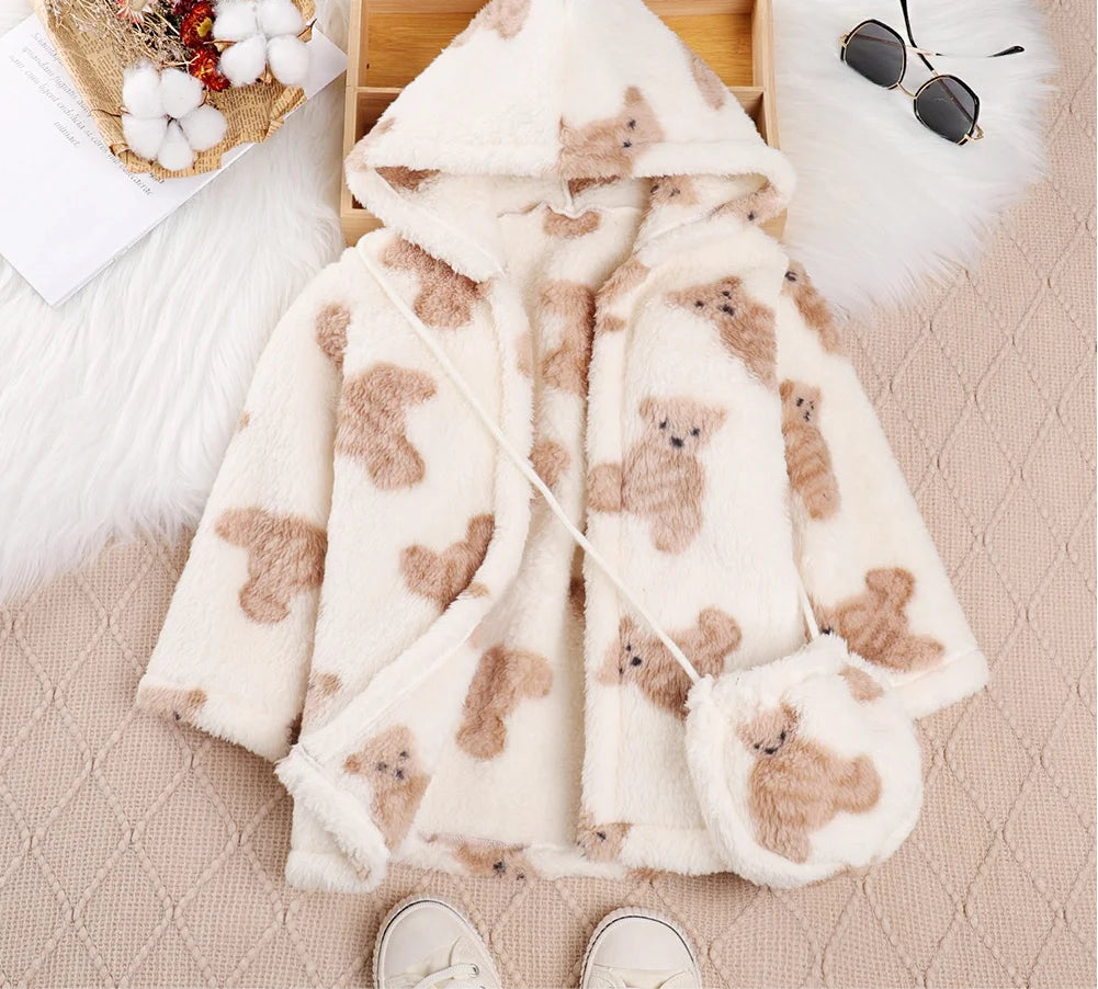 Children's Girl's Bear Print Faux Fur Fleece Coat with Bag