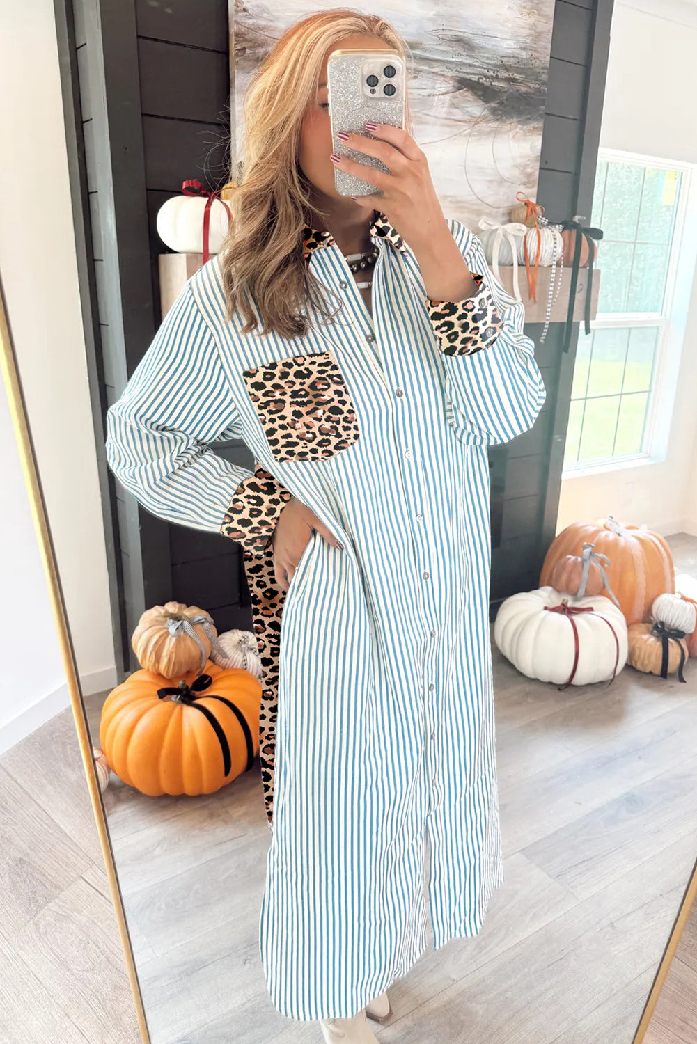 Stripe Contrast Leopard Patchwork Long Shirt Dress with Slits