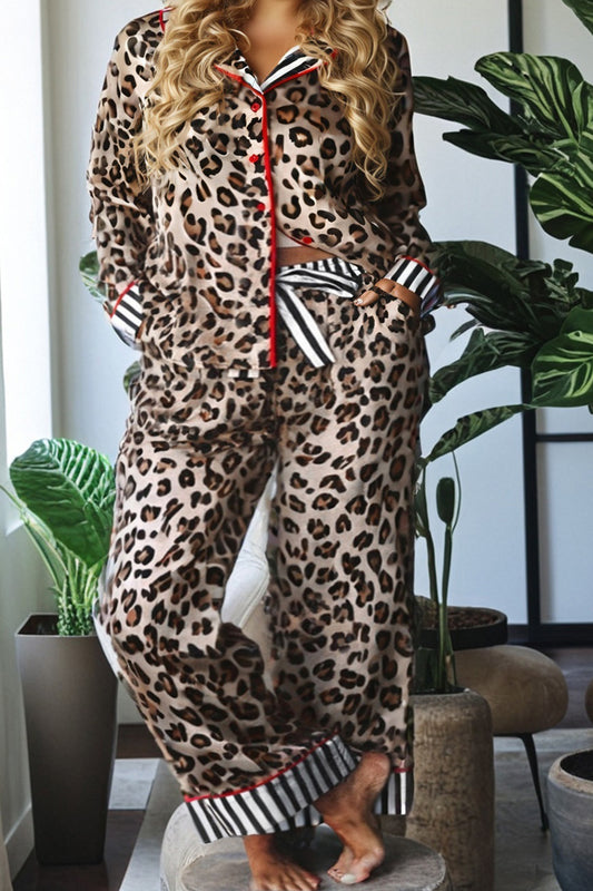 Leopard Print Striped Patchwork Pajama Set - 2-Piece Long Loungewear