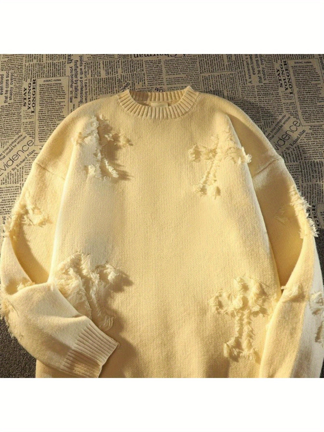 Women's Ripped Crew Neck Pullover Sweater, Distressed Long Sleeve Loose Sweater For Fall & Winter, Women's Clothing